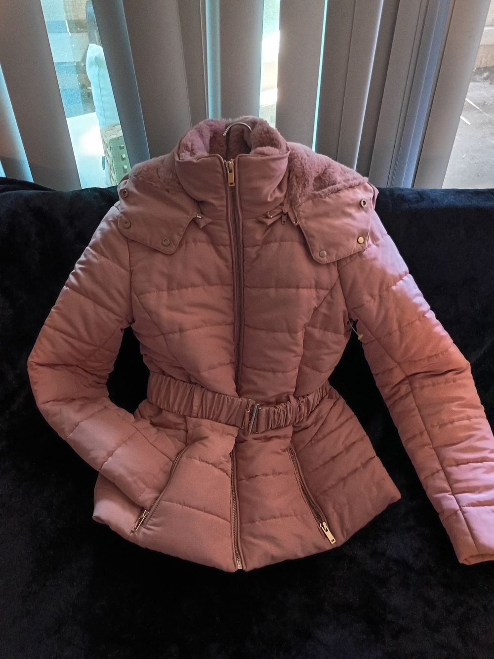 New York & Company Dusty Rose Quilted Belted Puffer Jacket